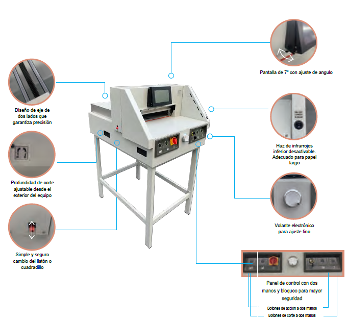 Una guillotina eléctrica programable con la que sus trabajos de corte serán llevados a cabode forma sencilla disponiendo de un equipo de amortización segura a largo plazo.